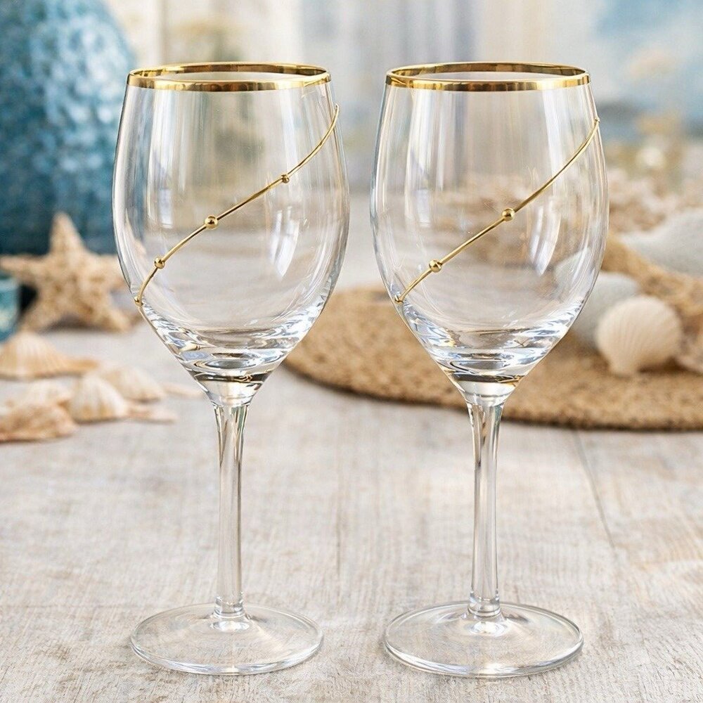 Vintage Pier 1 Gold Dot Swirl Water Glasses Set of 2 Blown Glass 9.5" Drinkware